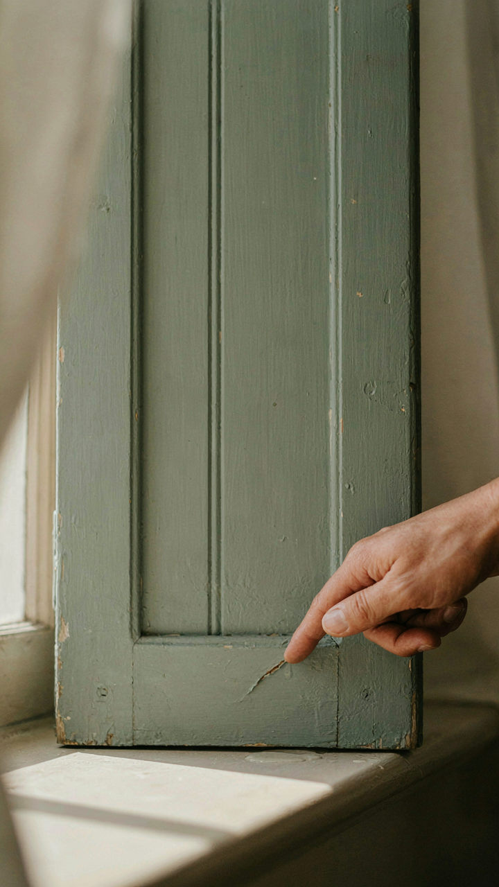 A hand pointing to a small crack on a shutter's bottom rail.