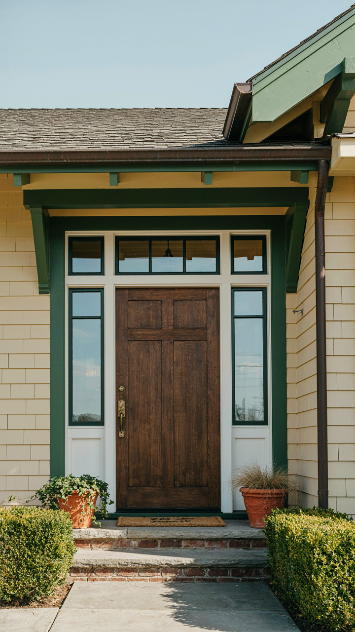 A craftsman front door with two sidelights and a transom window.
