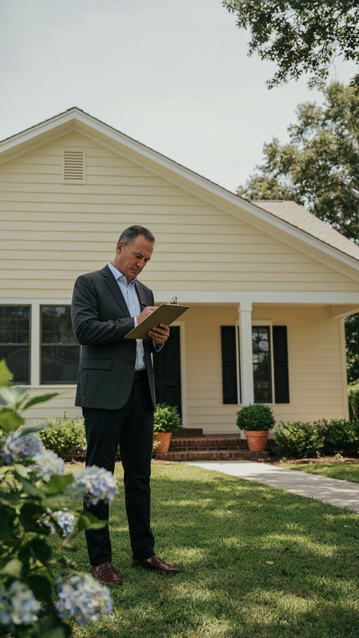 An appraiser evaluates a ranch house exterior painted in a popular neutral color.