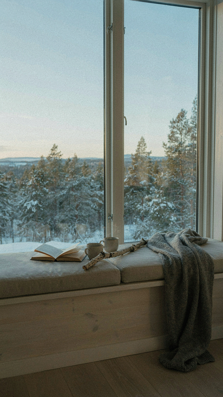 A built-in window seat in a nordic cabin serves multiple purposes.
