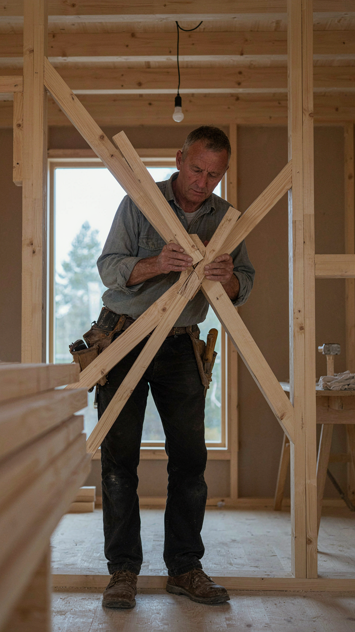 A carpenter precisely fitting two raw timber pieces with an exposed joint.