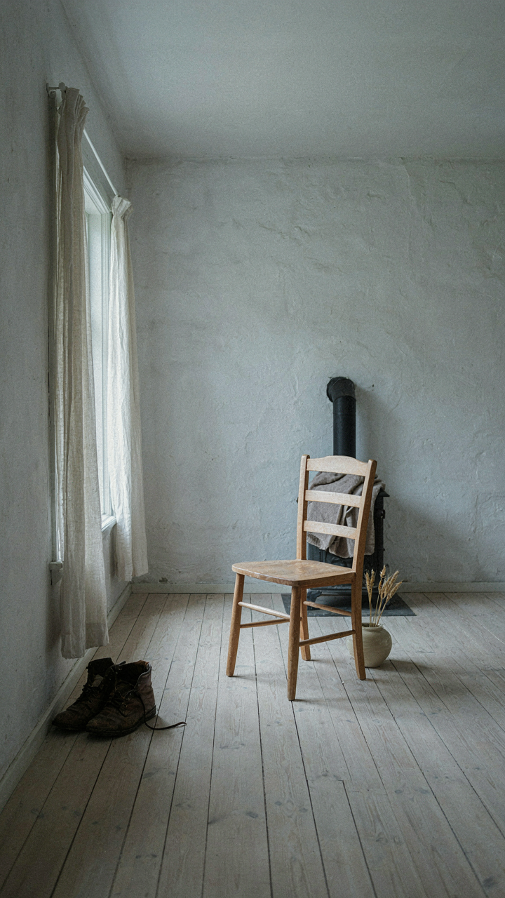 A single, functional wooden chair sits in a minimalist swedish cottage room.