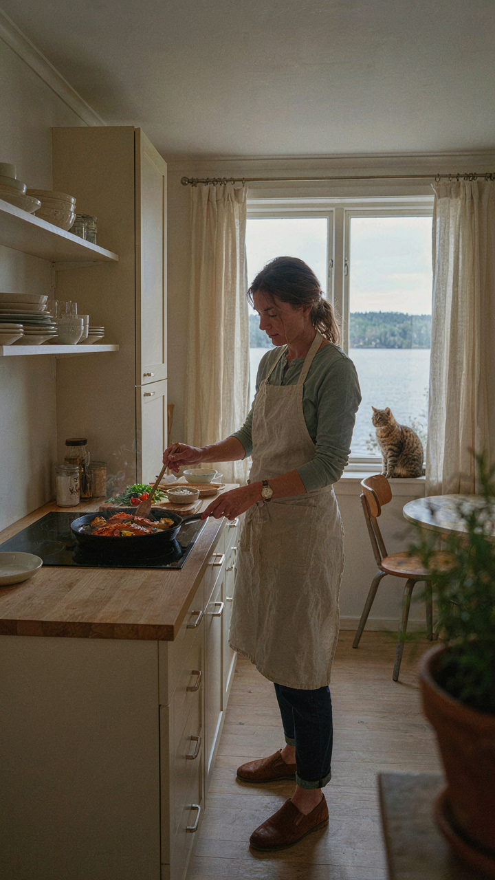 A compact, organized lake cottage kitchen with a chef cooking efficiently.