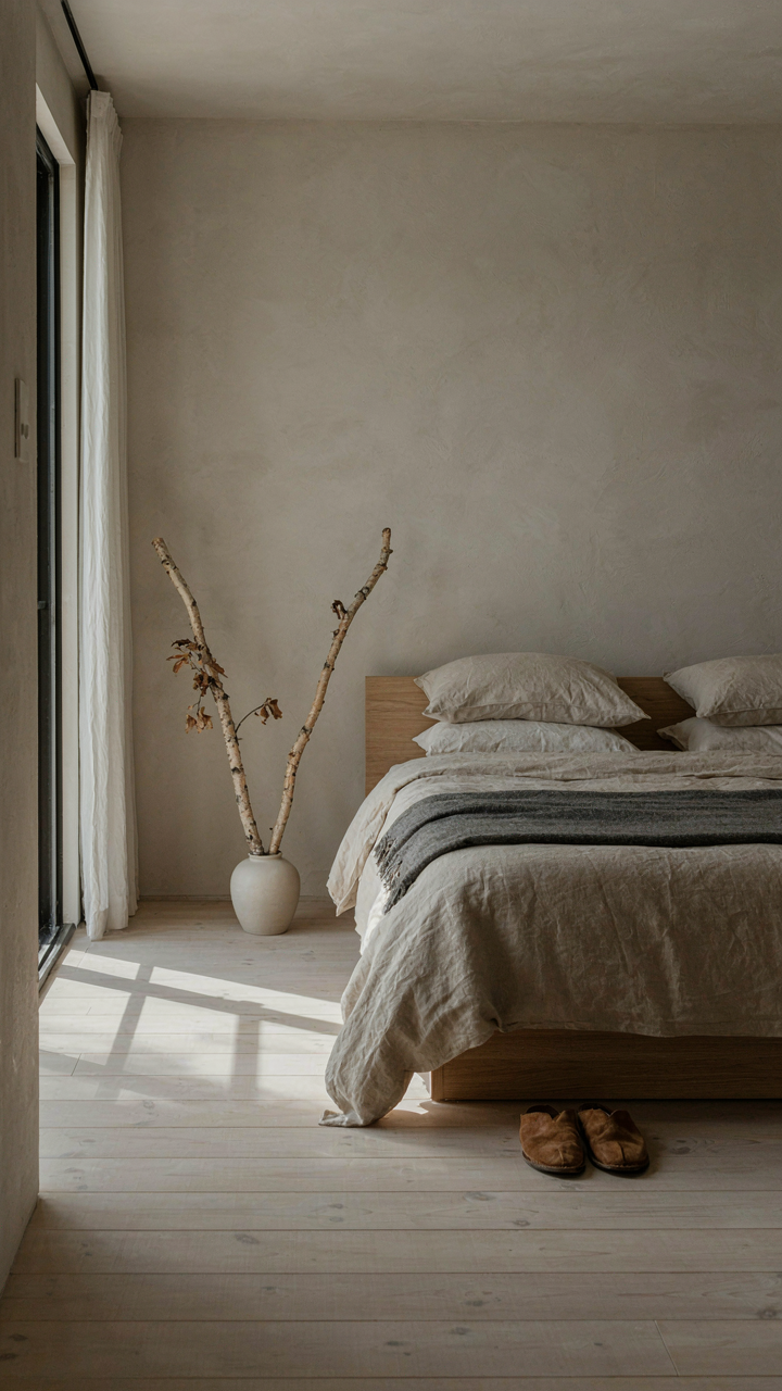 A minimalist Scandinavian cabin bedroom with just a bed and bare walls.