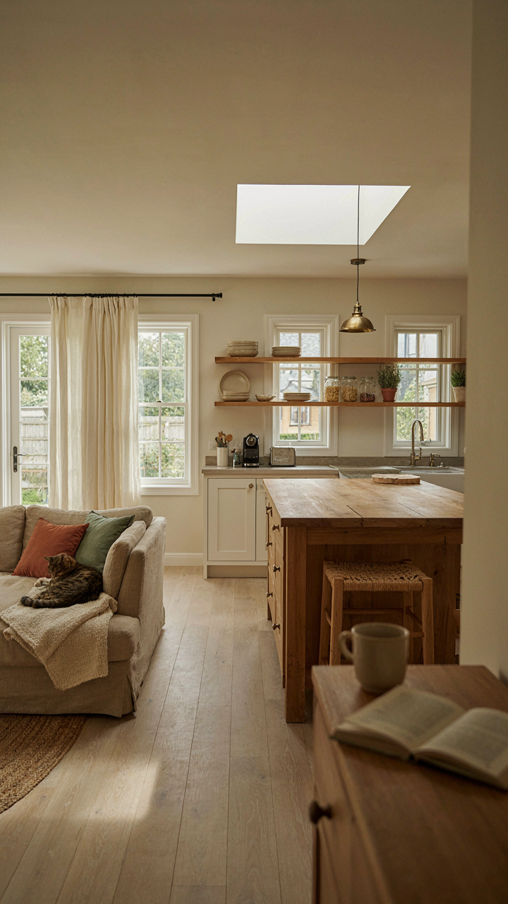 A bright, open-plan living room and kitchen in a farmhouse.