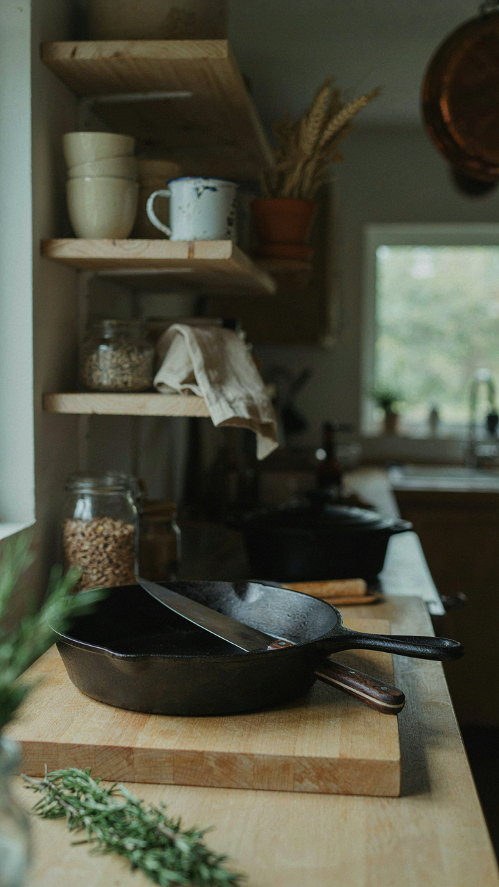 A cast iron skillet and chef's knife on a cutting board in a small cabin kitchen.