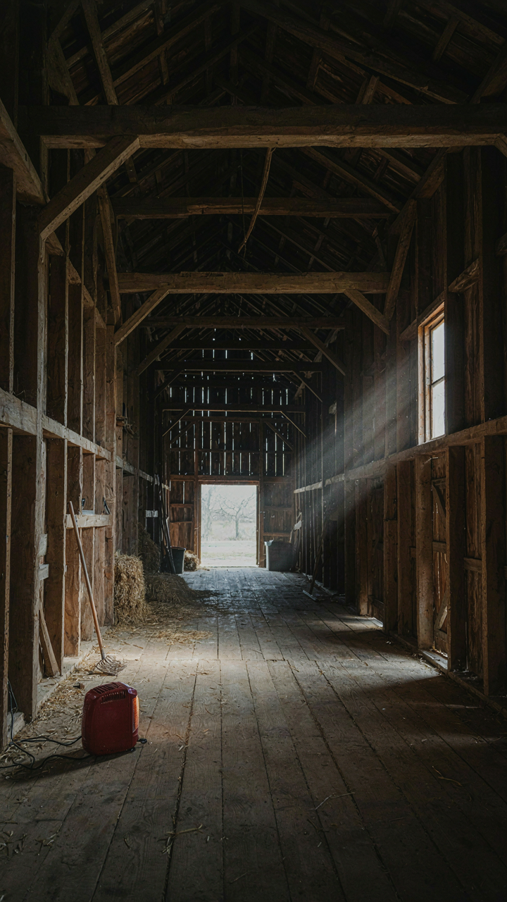 A small electric heater looks tiny in the middle of a vast, high-ceiling barn.