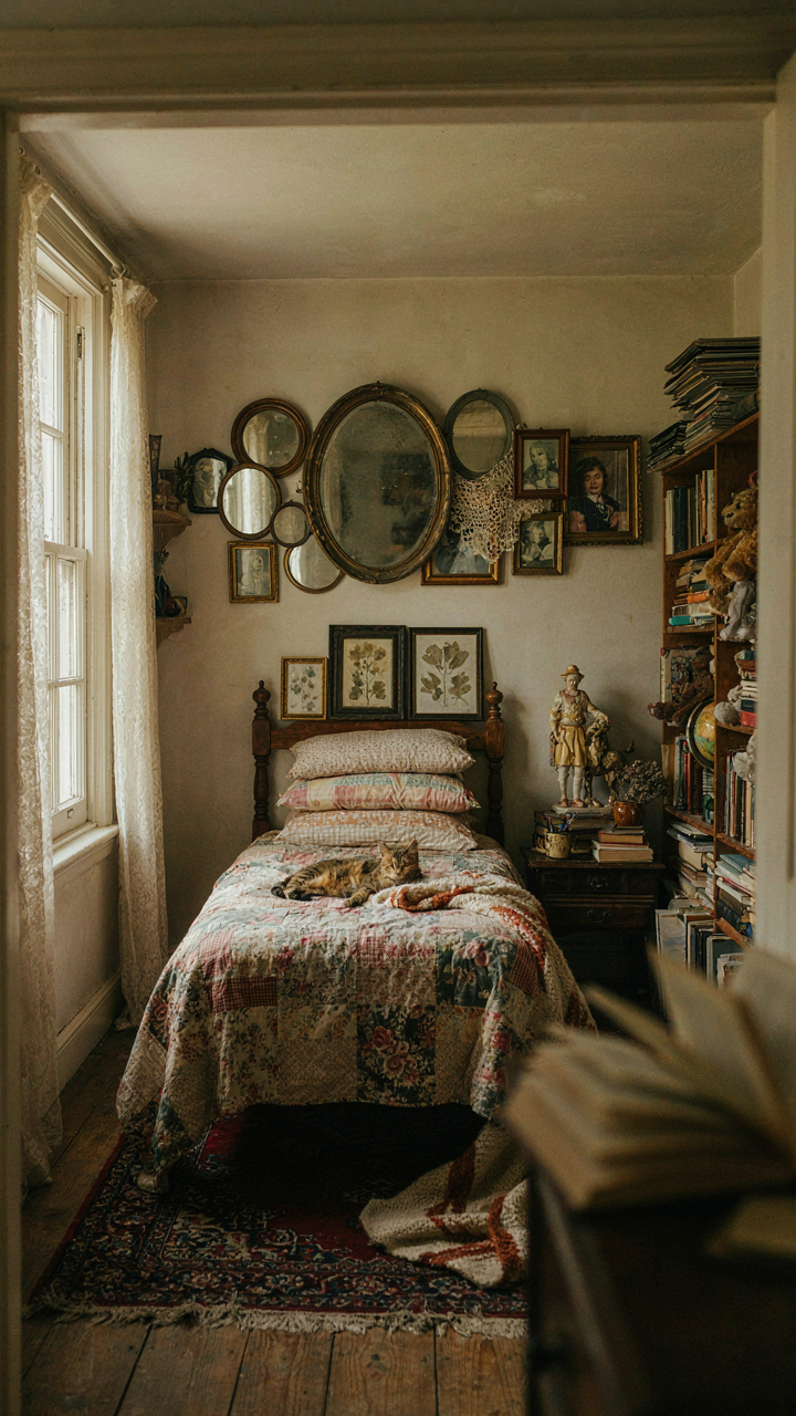 A small cottage bedroom is crammed with too many decorative items.