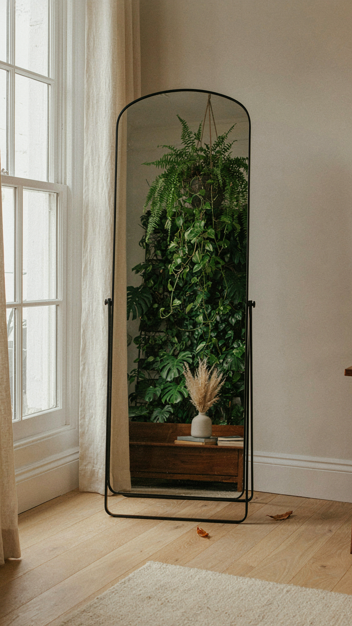 A large mirror perpendicular to a window reflects greenery and extends a room.
