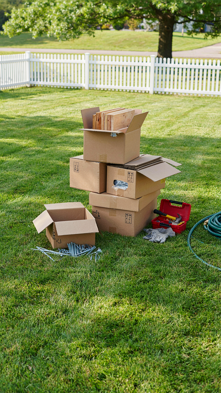 An unassembled, generic small garden shed kit in a backyard.