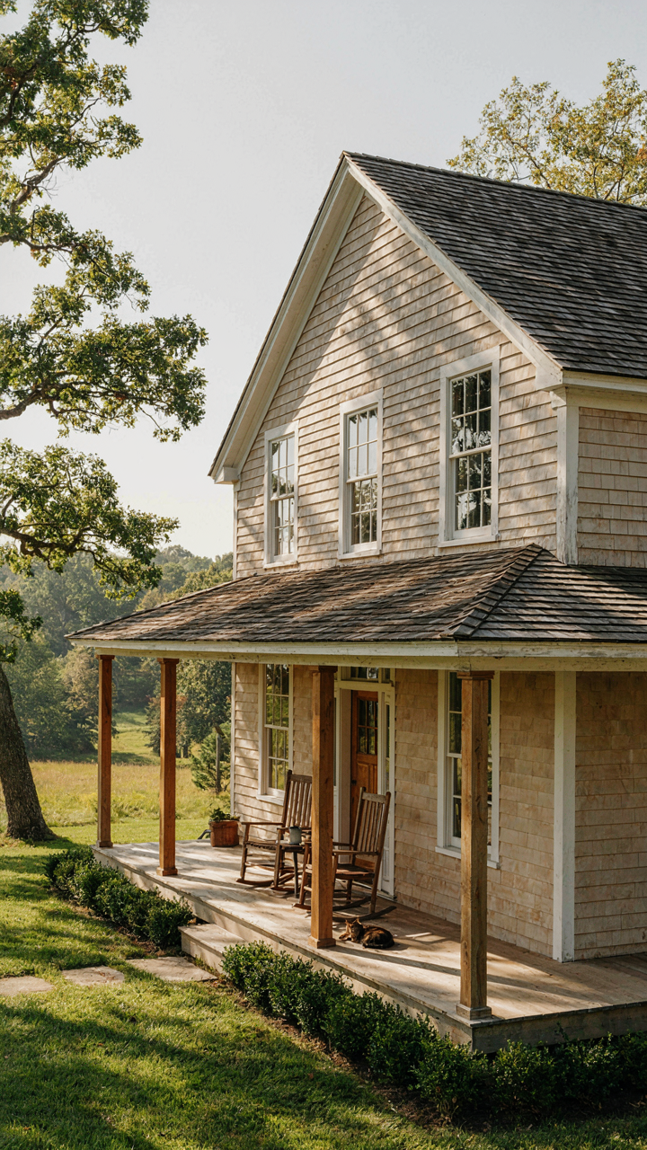 A small house with a wrap around porch featuring prominent timber posts and deep overhangs.