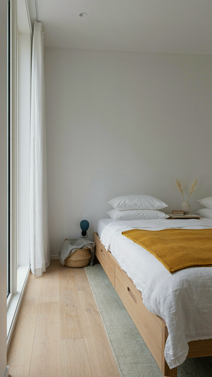 A small scandinavian guest house bedroom with a light wood bed and bright window.