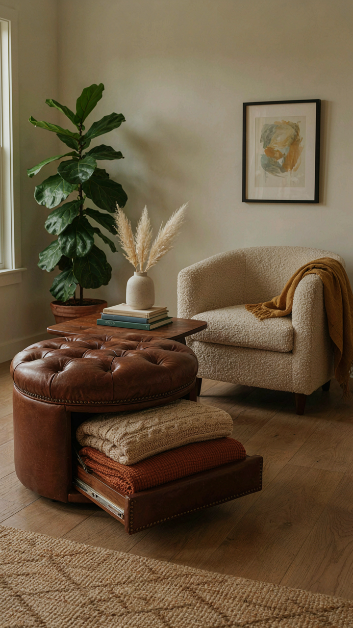 A stylish ottoman serves as seating and hidden storage for blankets.