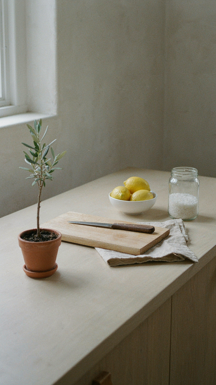 A neatly organized kitchen counter shows only essential tools and bare surfaces.