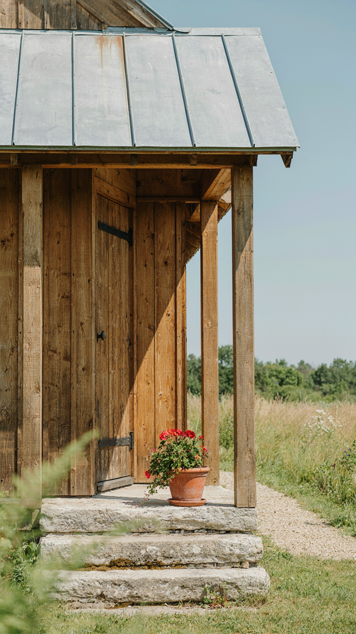 A tiny cottage porch made with cedar posts, stone steps, and a metal roof.