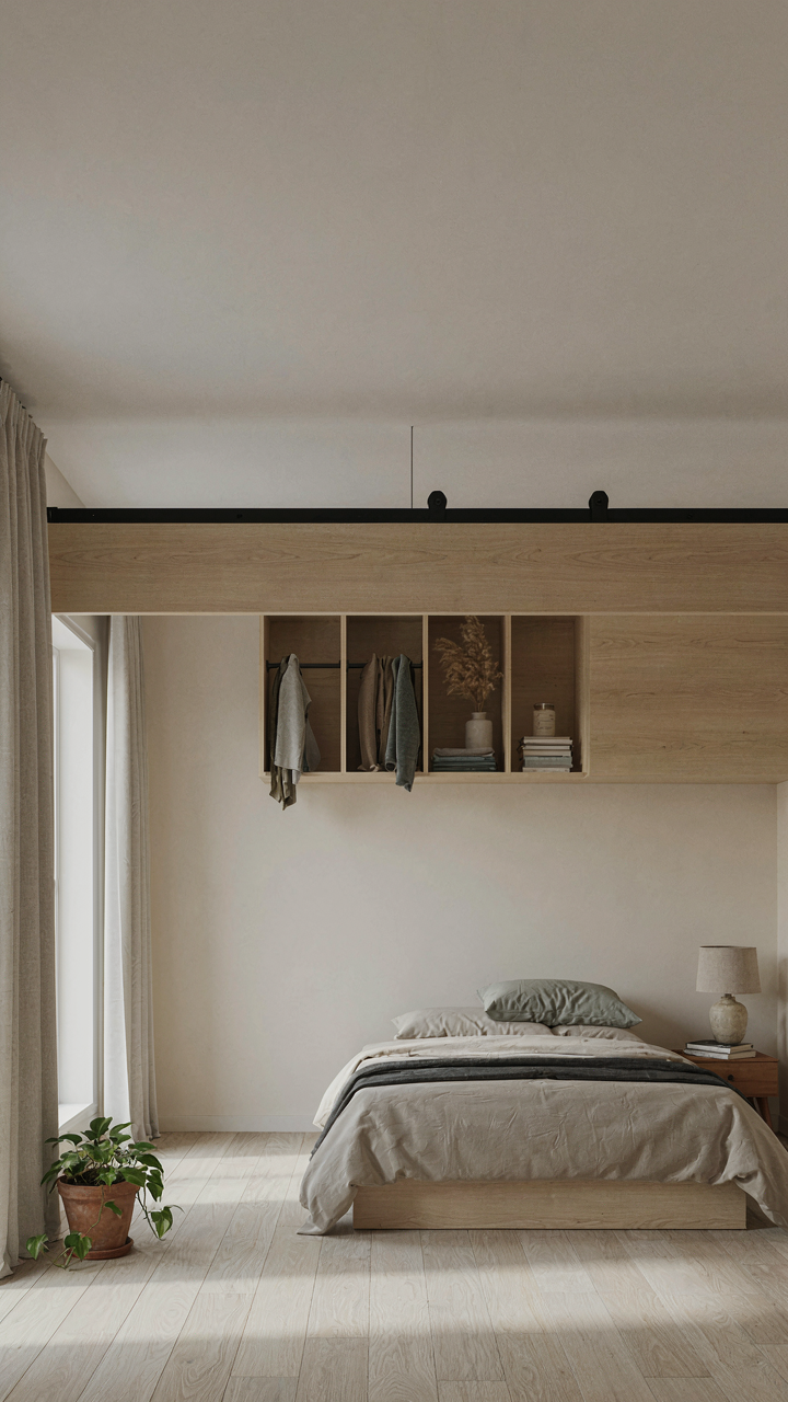 A sliding door on an upper wall covering storage in a minimalist bedroom.