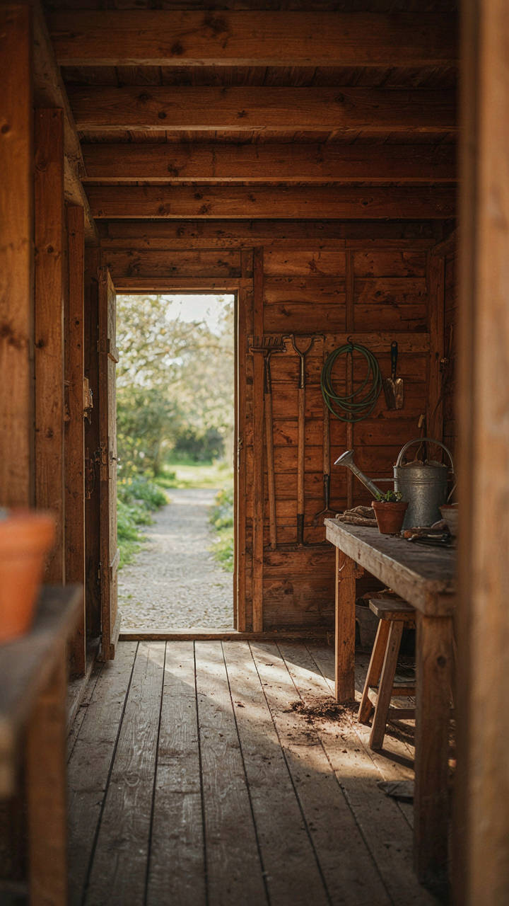 A rustic garden shed interior is tidy, with tools on walls and a clear path.