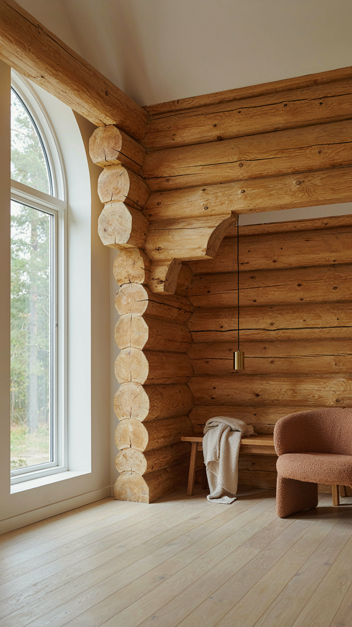 Sturdy hand-hewn log corner joint of a scandinavian log cabin.
