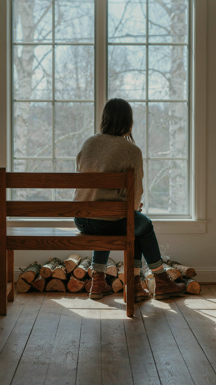 A wooden bench with firewood underneath, bathed in sunlight from a window.