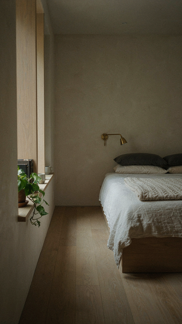 A minimalist cabin loft features a bed, a book, and a reading light.