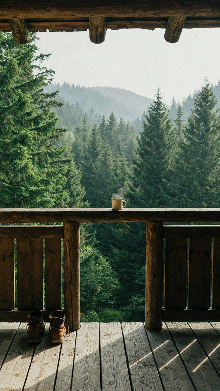 A rugged cabin porch with a shallow overhang and thick wooden railing, facing a forest.