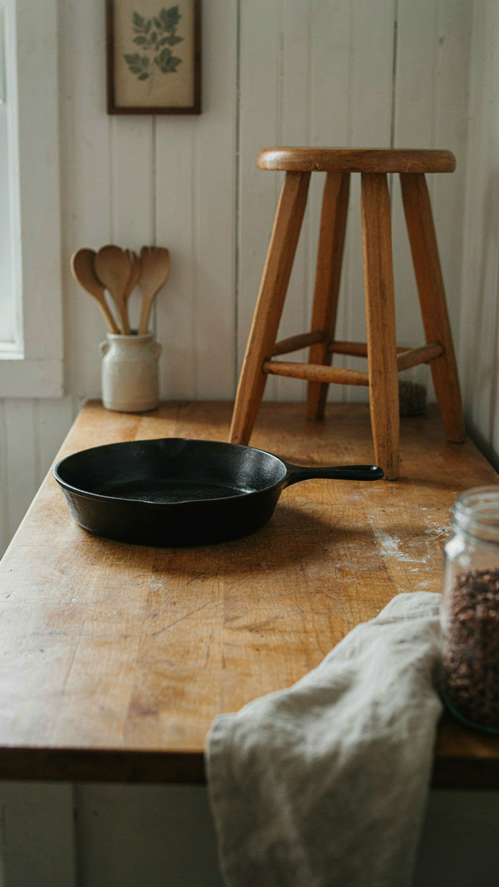 A cast iron skillet and a wooden stool on a counter in a tiny cabin kitchen.