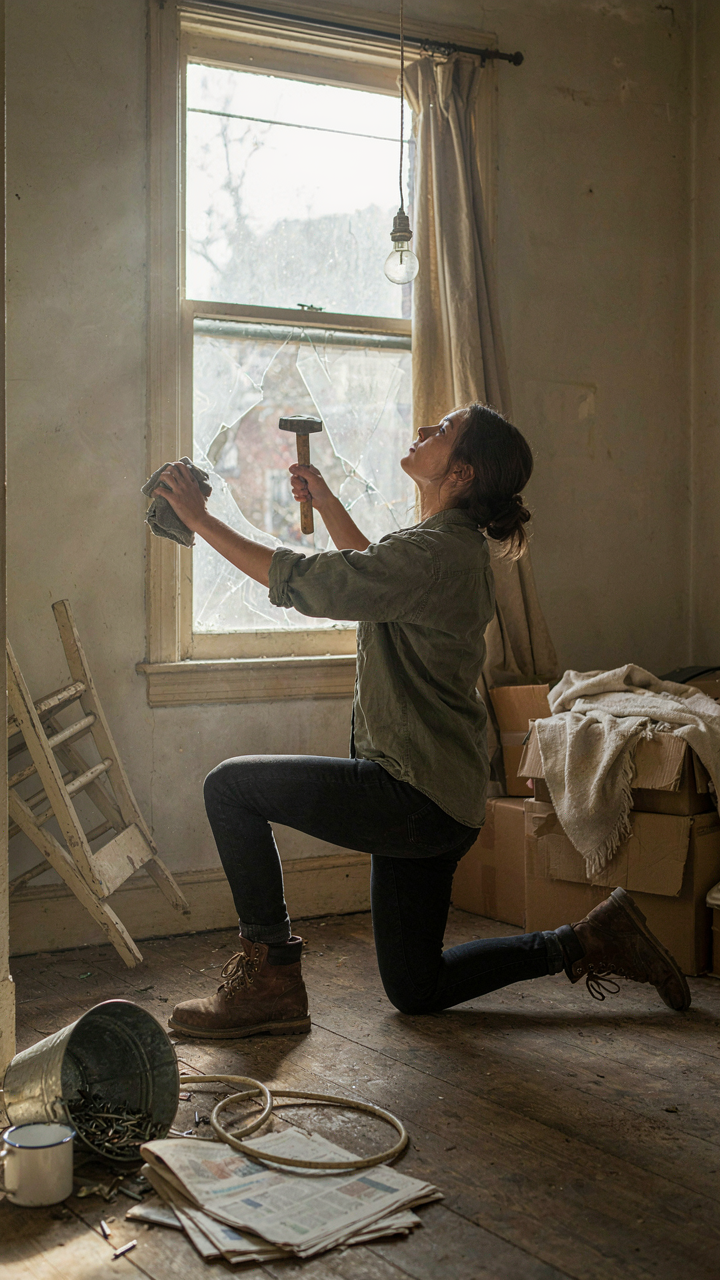 A person struggles to fix a leaking window in a large, unused room.