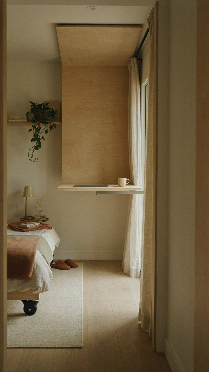 A small cabin loft shows a bed on wheels and a fold-down desk.