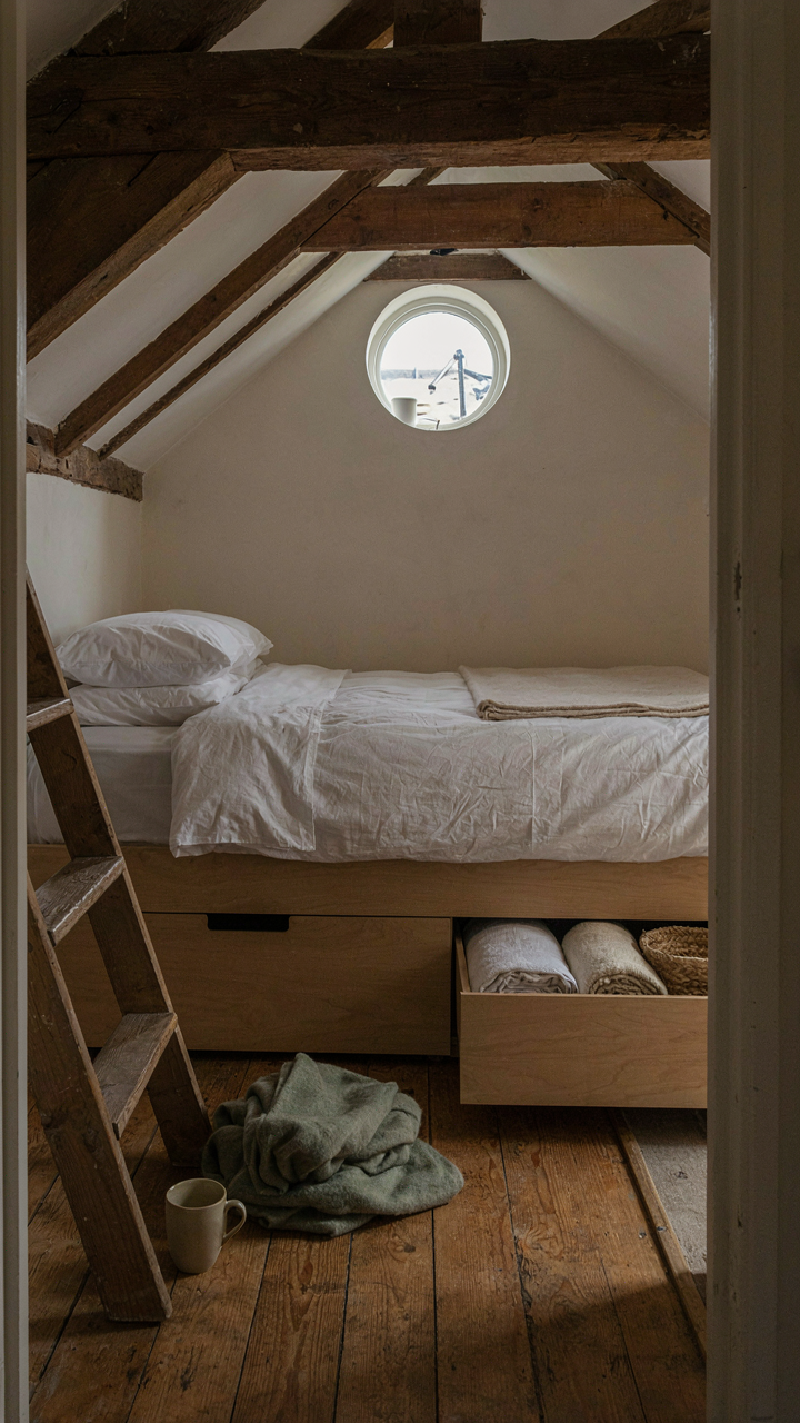 A queen bed fits snugly in a tiny cottage loft with built-in storage underneath it.