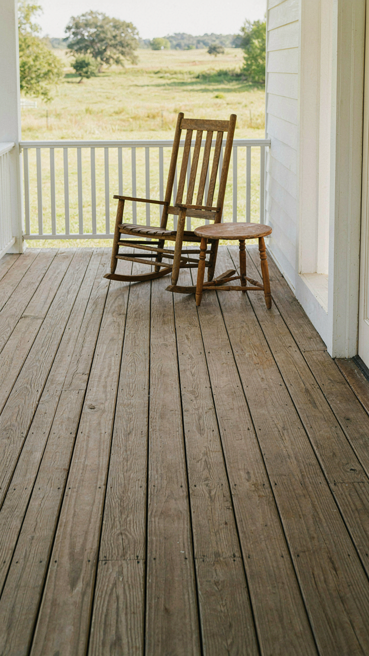 A minimalist country porch has only a rocking chair and a small table.