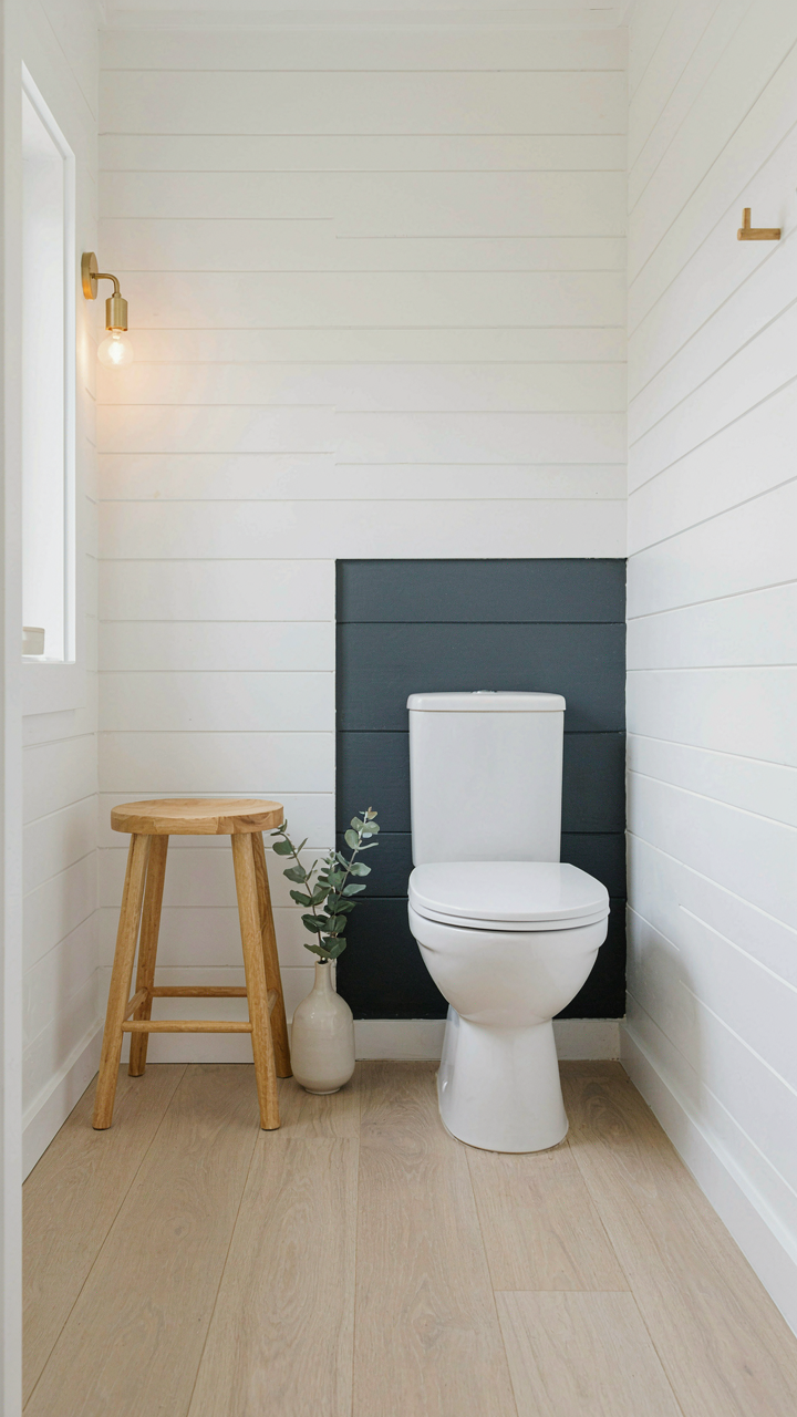 A minimalist scandinavian cottage bathroom with whitewashed and grey walls.