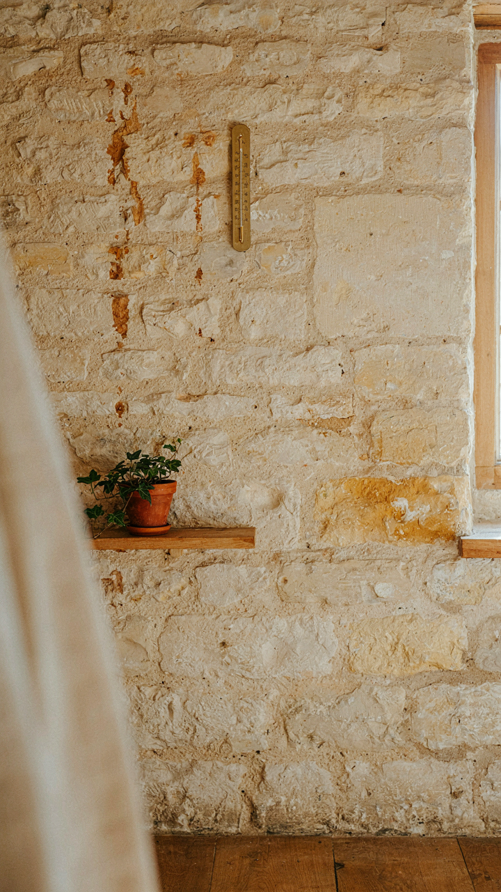 A sunlit stone wall inside a cottage radiates warmth, showing stable room temperature.