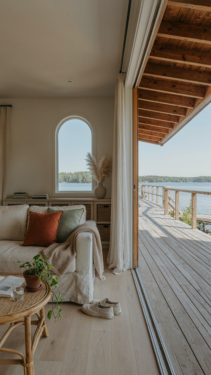 A lake cottage with a seamless transition from indoor living to an outdoor deck.