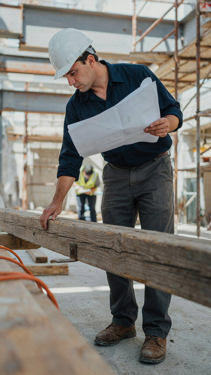 An engineer inspects an old timber beam, checking for structural integrity.