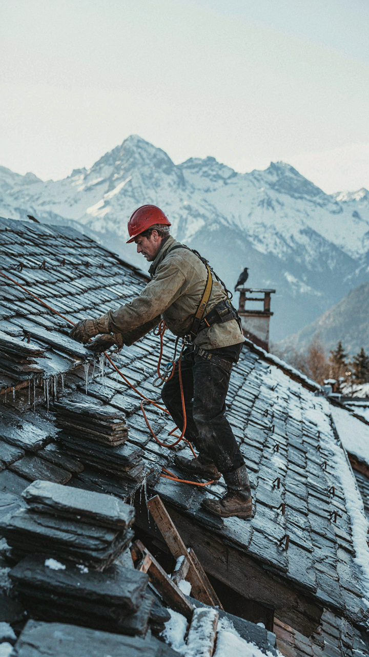 A roofer works on a very steep, snow-shedding French country cottage roof.