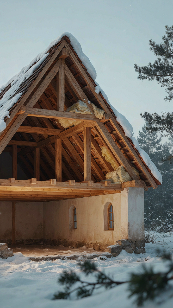 A diagram shows snow unevenly loading a storybook cottage roof and foundation.