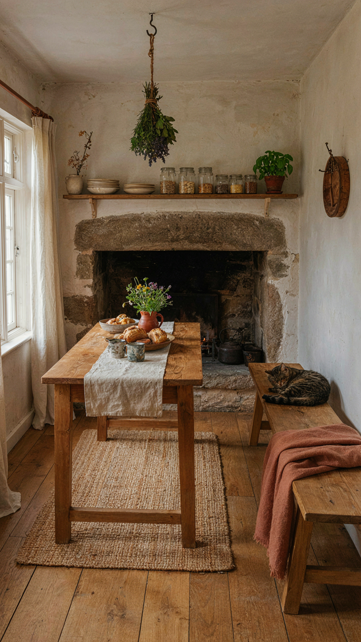 A rustic kitchen inside an old European cottage with a large fireplace.