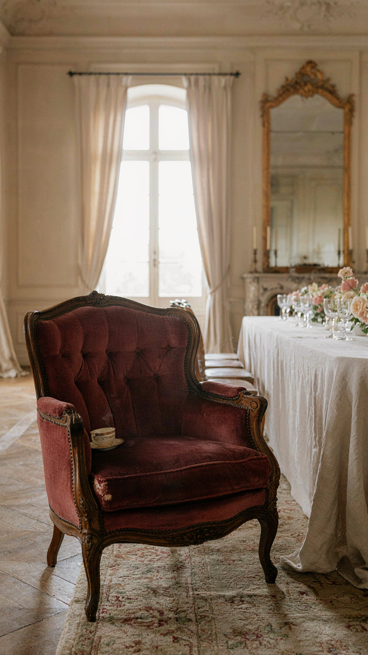 A worn velvet armchair shows a patch of faded upholstery on its armrest.