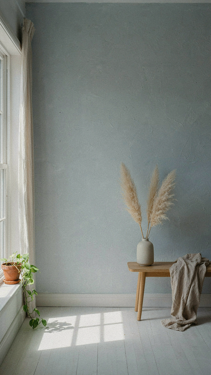 A pale blue-gray wall in a minimalist coastal cottage living room.