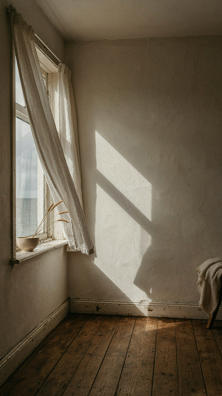 Soft light filters through linen drapes, casting shadows on a pale wall.