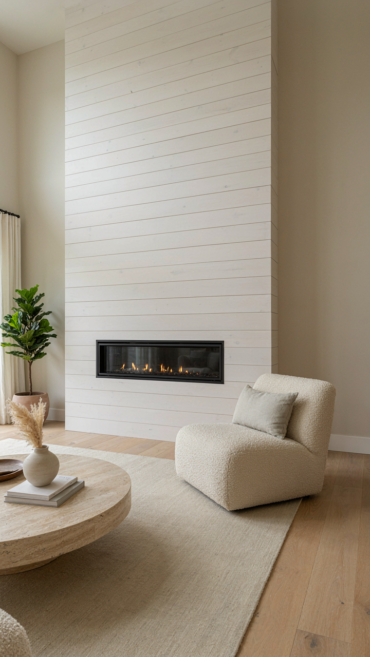 Living room with one shiplap accent wall highlighting a fireplace.