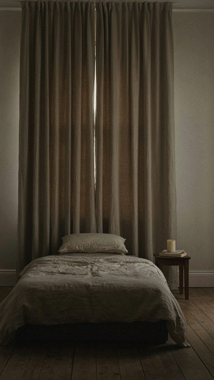 A dark bedroom with heavy linen curtains completely blocking light from the window.