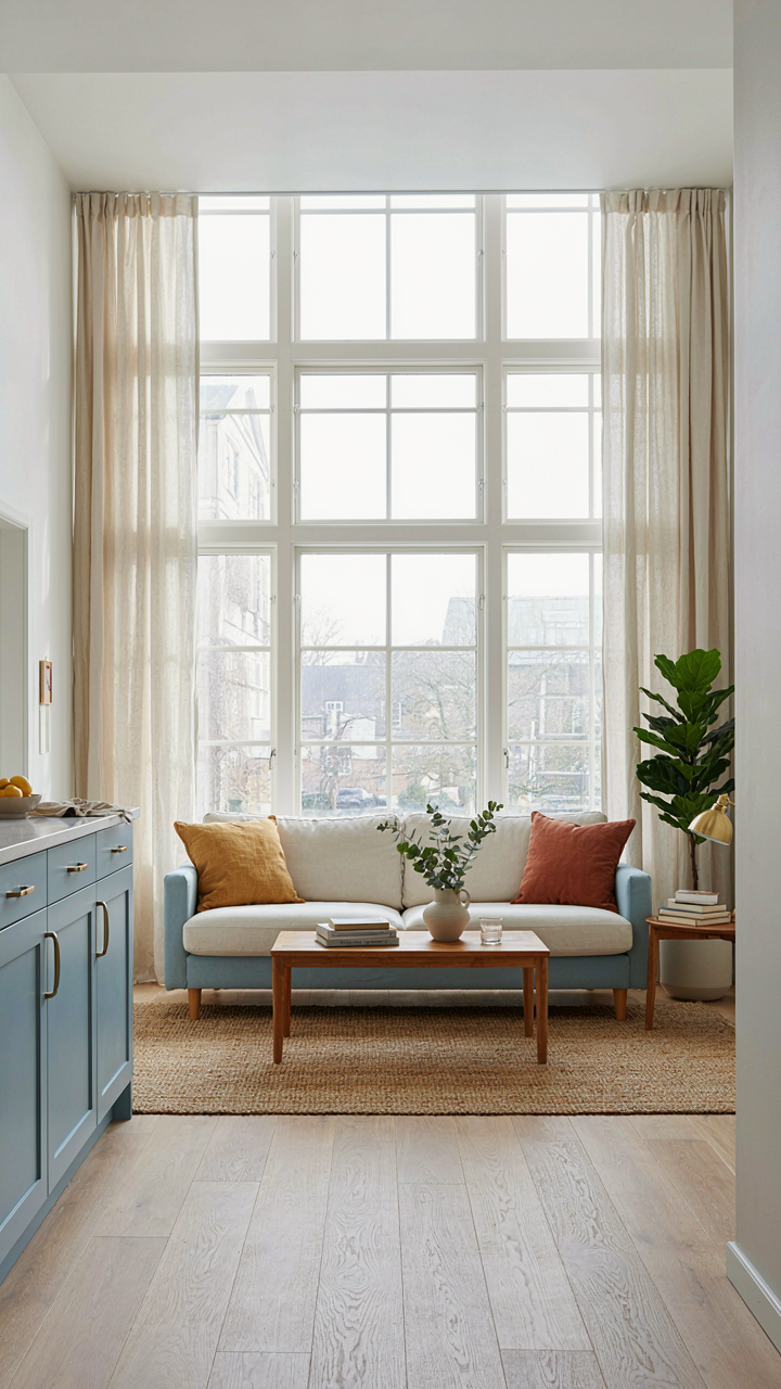 A cozy swedish cottage living area with seating by a large window.
