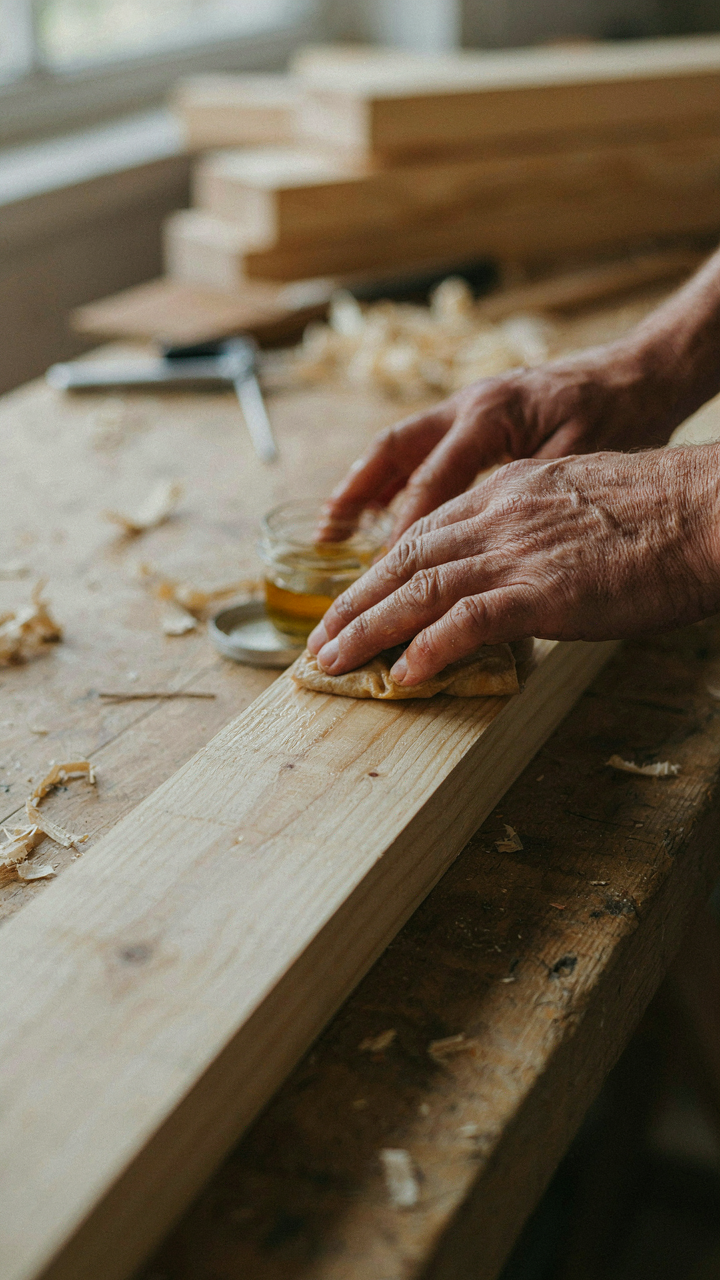 Hands applying natural oil treatment to a raw pine timber beam.