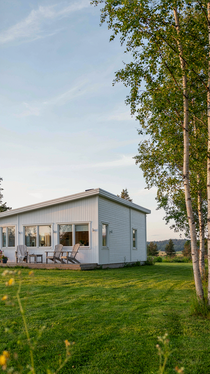 East-facing windows of a swedish summer house catching bright morning light.