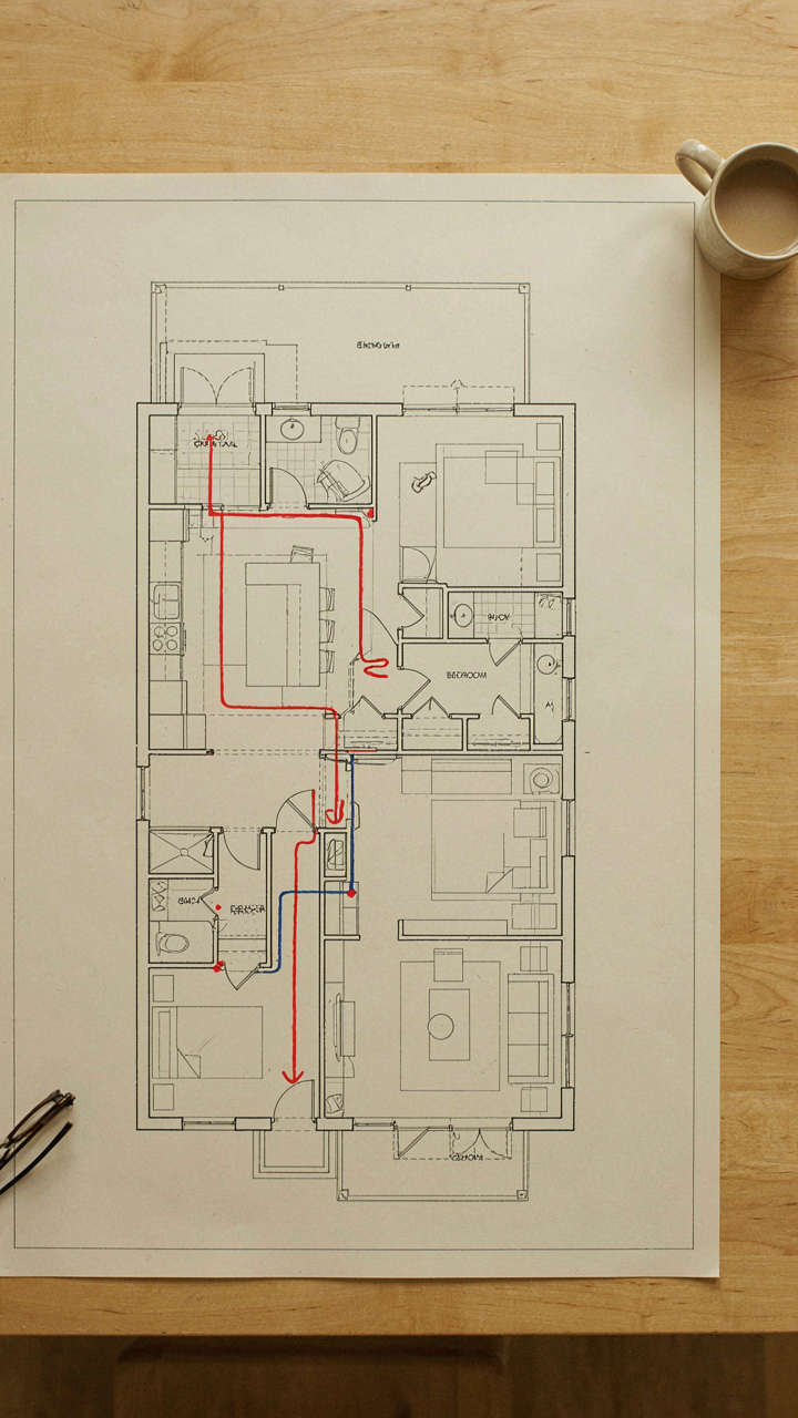 A floor plan diagram with arrows showing common movement paths in a home.