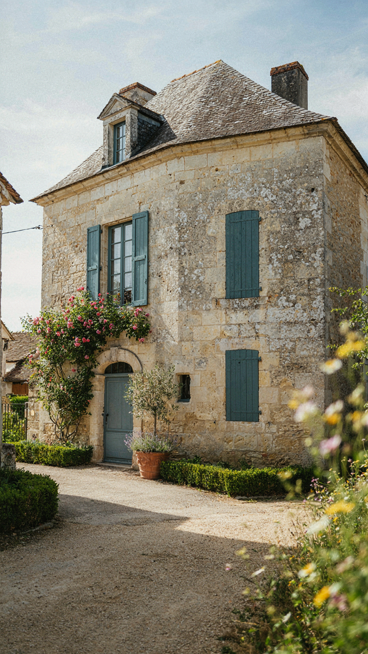 An old french provincial house with windows placed unevenly on its stone wall.