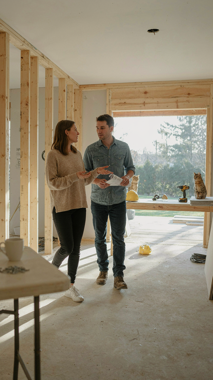 A couple walks through a framed ranch house addition, discussing flow.