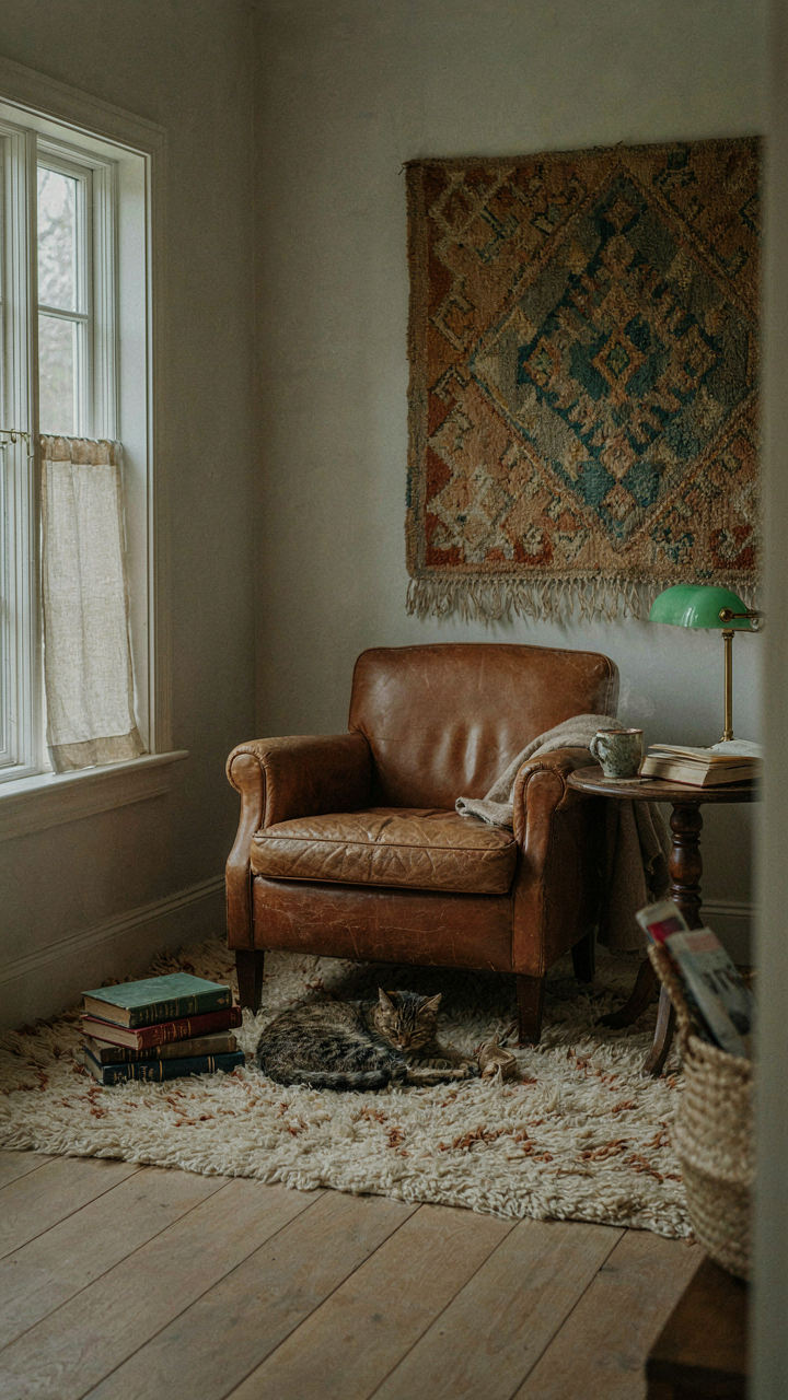 A reading nook in a cabin with a rug and tapestry for sound absorption.