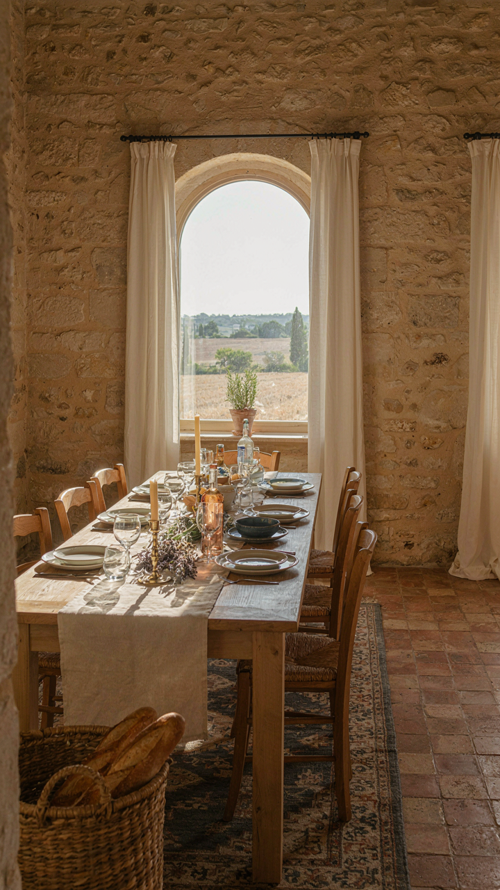 A bright Proven&ccedil;al dining room with light wood and stone, filled with sunlight.